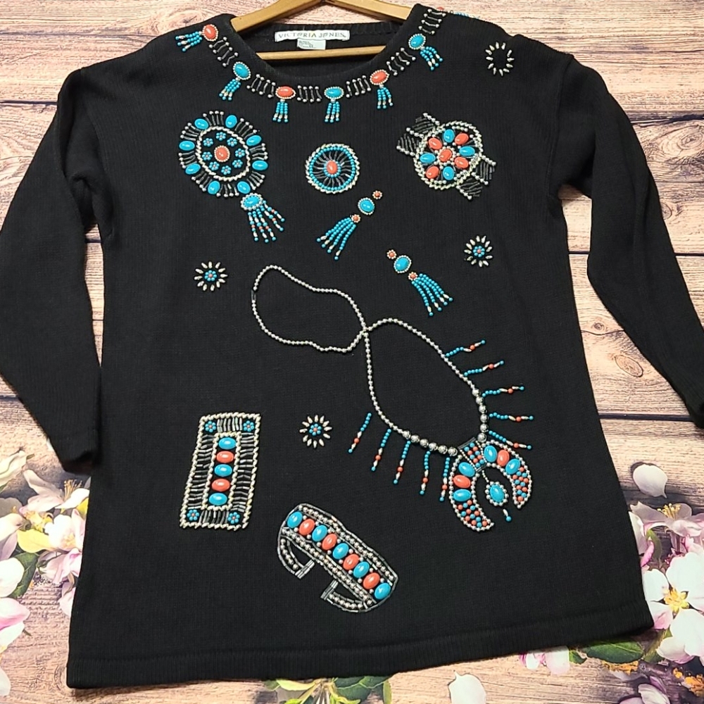 Sw11 Vintage 90s Western beaded sweater Sz Med
